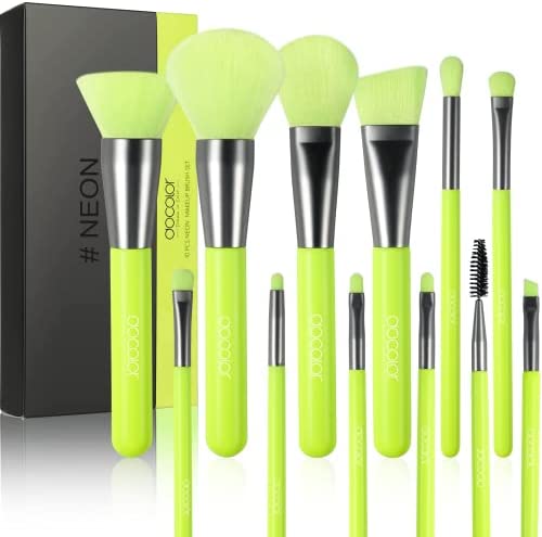 10 Pcs Neon Green Makeup Brushes, Docolor Professional Makeup Brush Set with Gift Box, Face Brushes and Eye Brushes, Premium Synthetic Wood Handle and Synthetic Hair
