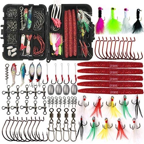 100pcs/box Fishing Lure Kit Tackle including Spinnerbaits, Plastic worms, Jig hooks, Lures, Spoons, Swivel Snap,Iron Weights, Fishing Accessories Kit