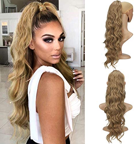 24 Inch Long Curly Wavy Ponytail Extension Synthetic Curly Ponytail Clip in Drawstring Ponytail Extensions for Black Women Natural Ponytail Drawstring Hair Hairpieces