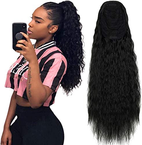 Long Curly Drawstring Ponytails for Black Women 22 Inch Clip in Wavy Natural Ponytail Extension Hairpieces for Womens Dark Black