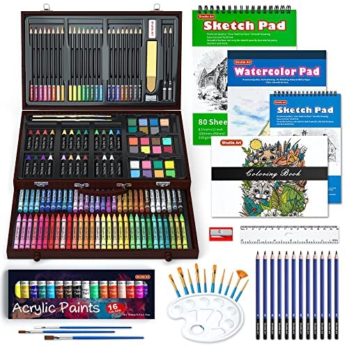 186 Piece Deluxe Art Set, Shuttle Art Art Supplies in Wooden Case, Painting Drawing Art Kit with Acrylic Paint Pencils Oil Pastels Watercolour Cakes Colouring Book Sketch Pad for Kids and Adults