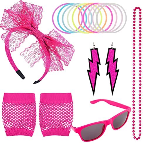 80s Accessories 80s Costume Accessories Fancy Dress Accessories Set Lace Headband Glasses Silicone Bracelets Fishnet Gloves Neon Earrings for 80s Retro Party