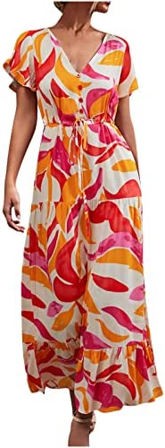 AMhomely UK Stock Women Dresses Sale ClearanceFashion Casual V-Neck Printed Elastic Short Sleeve Button Dress Skirt Ladies Casual Plus Size Bohemian Long Maxi Summer Beach Swing Dress