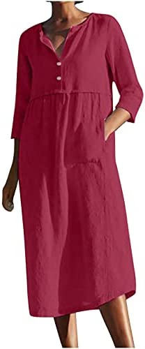 AMhomely Women Dresses Sale Ladies O-Neck Solid Color Loose Casual Fashion Pocket Three Quarter Dress UK Size Evening Gowns Work Maxi Dress Party Elegant