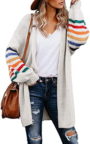 Amazon Brand - HIKARO Women's Long Cardigans Rainbow Knit Cardigan Sweater Striped Color Block Long Sleeve Knitwear Coat