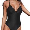 CUPSHE Women Swimsuit One Piece Backless Cross Back Scalloped V Neck Spaghetti Adjustable Straps Vintage Bathing Suit
