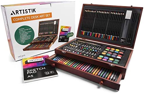 Deluxe Art Set - (141 Piece) Professional Painting, Sketching & Drawing | All Media Art Set, with Wood Art Box & Bonus A5 Sketchpad Included, Artistik Art & Artist Supplies Kit