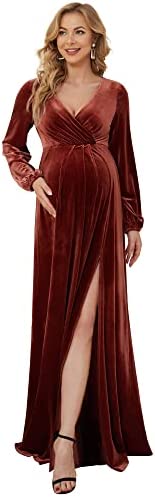 Ever-Pretty Women's V-Neck Velvet Long Sleeves A Line Empire Waist Ruched Pregnancy Evening Dresses EY20892