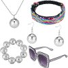 Fuyamp 5 Pieces 1970s Disco Set Disco Accessories Set, Silver Disco Accessories Set Ball Earrings Necklace Bracelet Bling Headband Sunglasses for Women and Girl