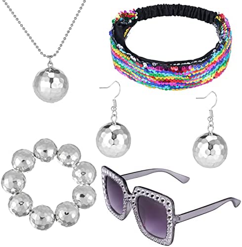 Fuyamp 5 Pieces 1970s Disco Set Disco Accessories Set, Silver Disco Accessories Set Ball Earrings Necklace Bracelet Bling Headband Sunglasses for Women and Girl