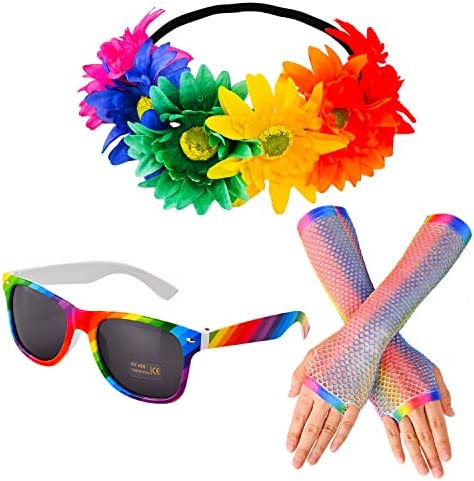 Fvomye Flower Crown Headband with Rainbow Fishnet Gloves Rainbow Sunglasses LGBT Gay Pride Fancy Dress Accessories, One Size
