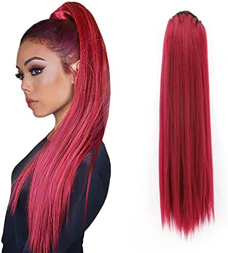 MEIRIYFA Red Ponytail Extension Long Straight Drawstring Ponytail Extension, Clip in Ponytail Hairpieces Afro High Puff Kinky for Black Women 25 Inch