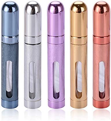 Perfume Bottles (12ml, 5pcs), ZKSMNB Travel Refillable Perfume Atomizer Spray Bottle, Fragrance Empty Bottle with Window, Fits in Your Purse, Pocket or Luggage (Red, Silver, Gold, Purple, Blue)