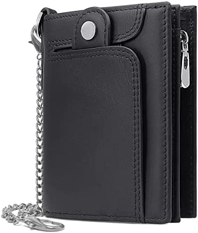 REETEE Mens Wallet RFID Blocking Genuine Leather Wallets Mens with Chain and Zip Coin Pocket, Real Leather Wallet for Gents Men’s 14 Credit Card Holders Bifold Slim Wallets for Men Gift (Black)