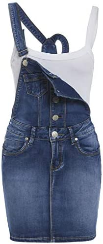 SS7 New Womens Skinny Denim Dungaree Dress, Mid Blue, Sizes 8 to 14
