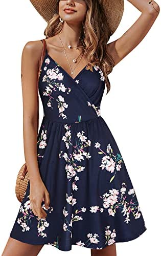 STYLEWORD Women's V Neck Floral Spaghetti Strap Summer Dress Casual Swing Midi Sundress with Pocket