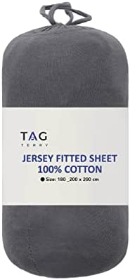 Tag Terry Super King Fitted Sheet | 145 GSM Deep (40cm) Soft Jersey 100% Cotton | Stretchable & Breathable Cotton Super King Bed Sheets | Fitted Sheet 180-200 x 200 + 40cm (Super King, Grey)