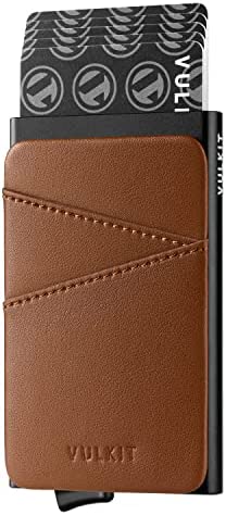 VULKIT Credit Card Holders RFID Blocking Slim Metal Card Case with Extra Leather Slots Pop up Card Wallet for Men or Women, Brown