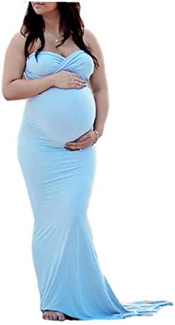 Yililay Maternity Dress Pregnant Women Off Shoulder Photoshoot Clothes Pregnants Tube Top Trailing Gown Dress Blue