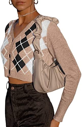 ZAFUL Women's Knitwear Cardigan Vintage Geometric Pattern Sweater Long Sleeve V Neck Button Down Knit Cardigan Y2k Khaki