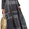 ZANZEA Womens Casual Maxi Dresses Round Neck Long Sleeve Loose Bohemian Patchwork Floral Printed Sundress