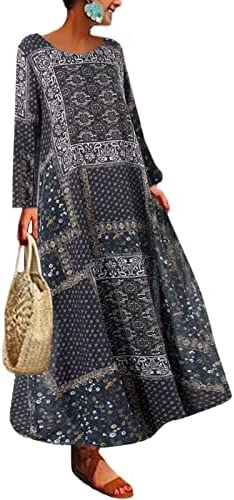 ZANZEA Womens Casual Maxi Dresses Round Neck Long Sleeve Loose Bohemian Patchwork Floral Printed Sundress