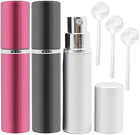 Zhiye Perfume Atomiser Spray Bottle, 3 Pieces 5 ml Refillable Refilling Travel Size Perfume Bottles in Pocket & Handbag Black & Pink & Silver