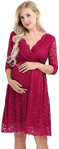 iiniim Womens V Neck Elegant Floral Lace Baby Shower Nursing Knee Length Pregnant Maternity Dress