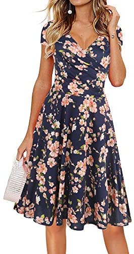 oxiuly Women's Casual Dresses Criss-Cross V-Neck Floral Flare Midi Summer Dress OX233