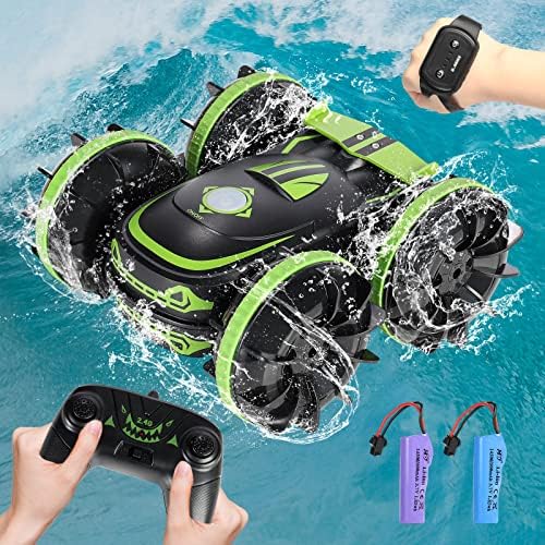 Mingfuxin Amphibious Remote Control Car, 2.4 GHz 4WD Waterproof RC Stunt Car Boat, 360° Roating Hobby Racing Car with Gesture Sensor for 6-14 Years Boys and Girls Christmas Birthday Gifts (Green)